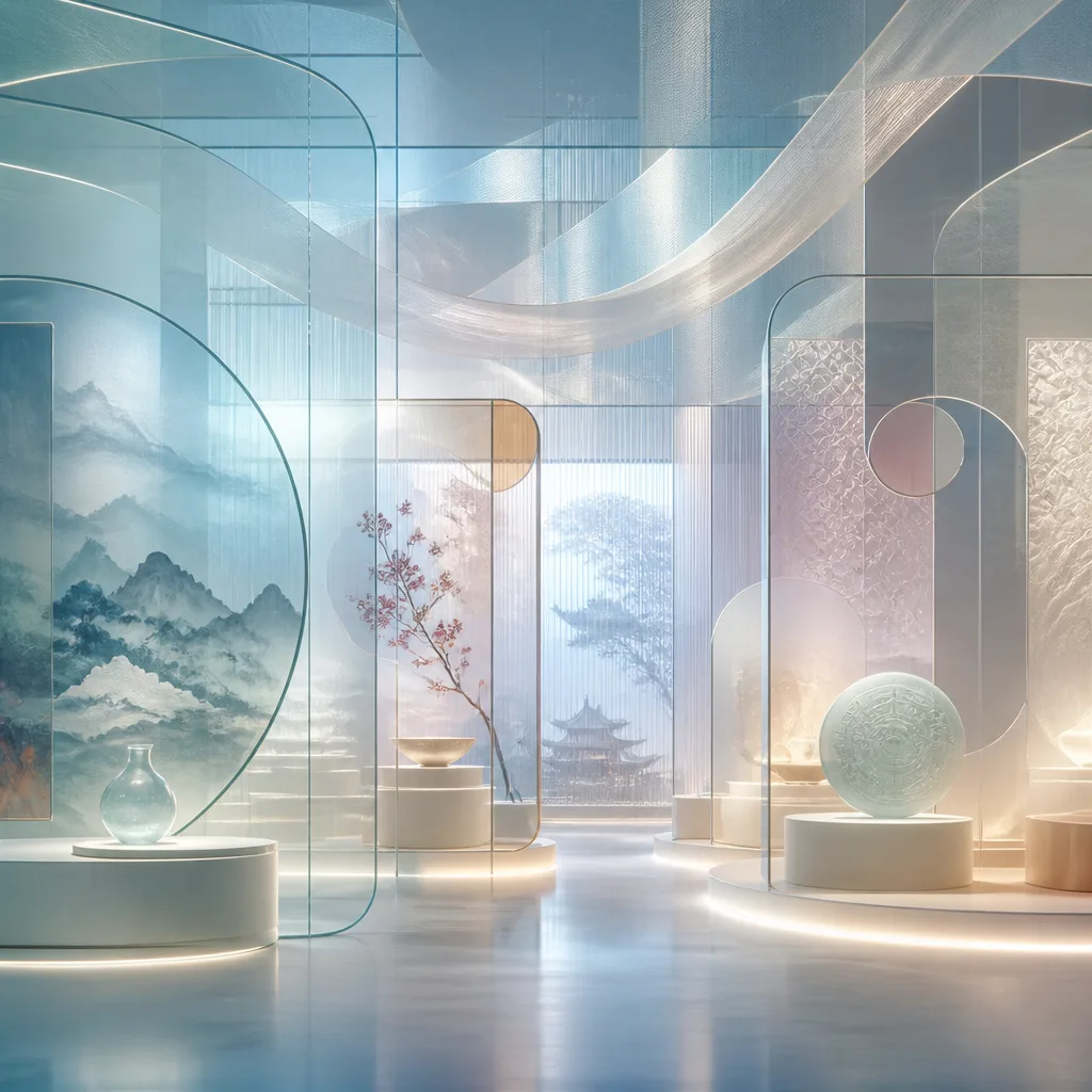 Glass panes etched with subtle east-asian motifs