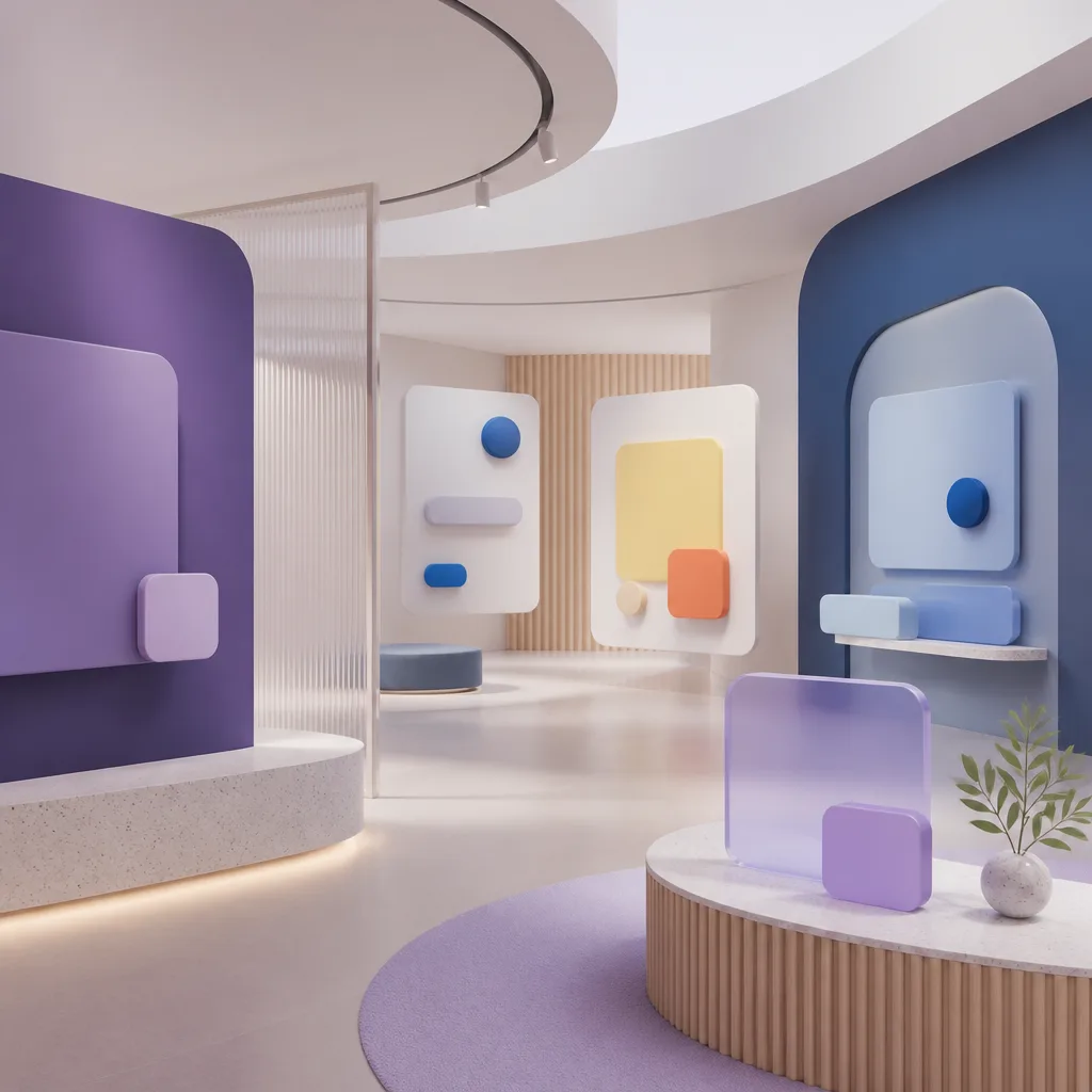 Cluster of overlapping squircle cards in lavender tonal palette