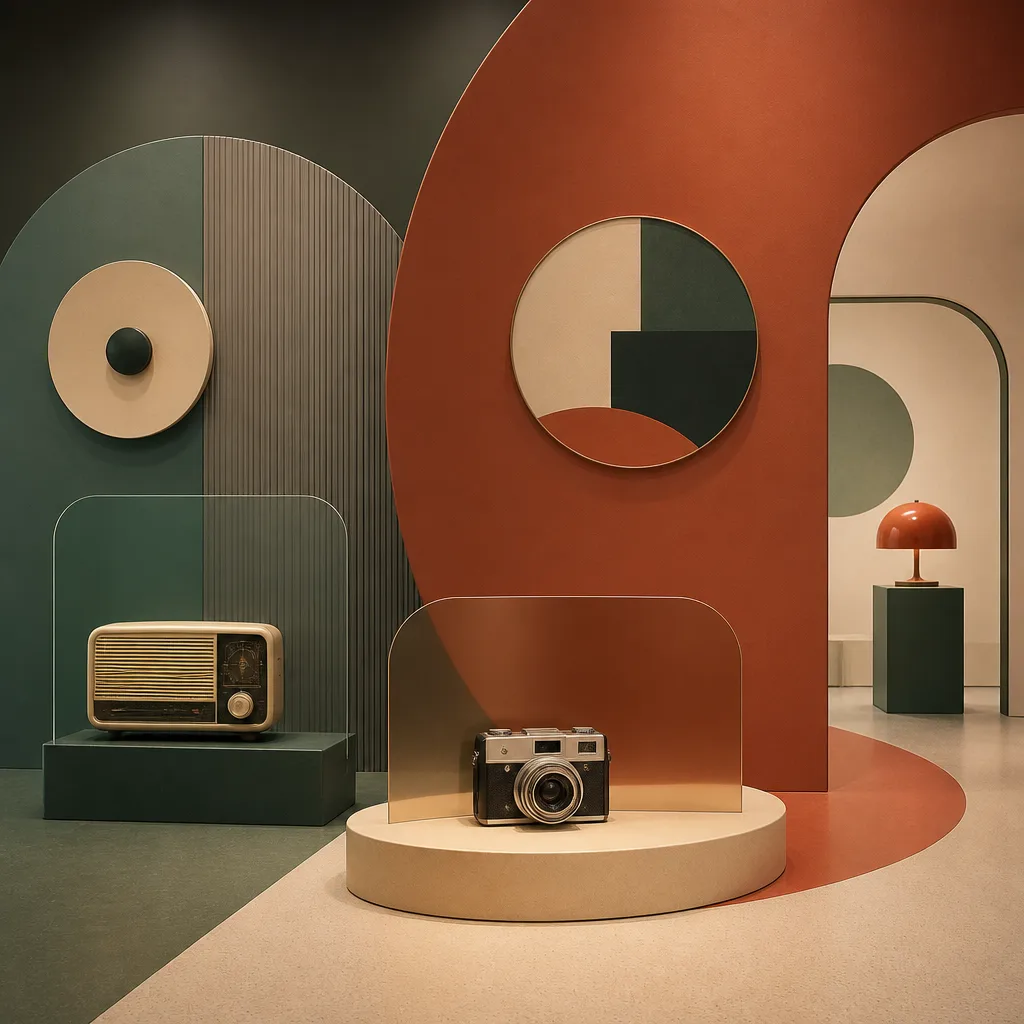 Flat illustration of vintage radio shapes restyled with squircle corners