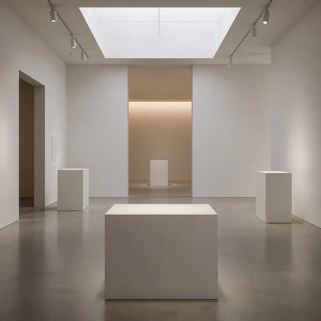 A minimalist editorial illustration of a gallery interior with pure white walls and polished concrete floor.