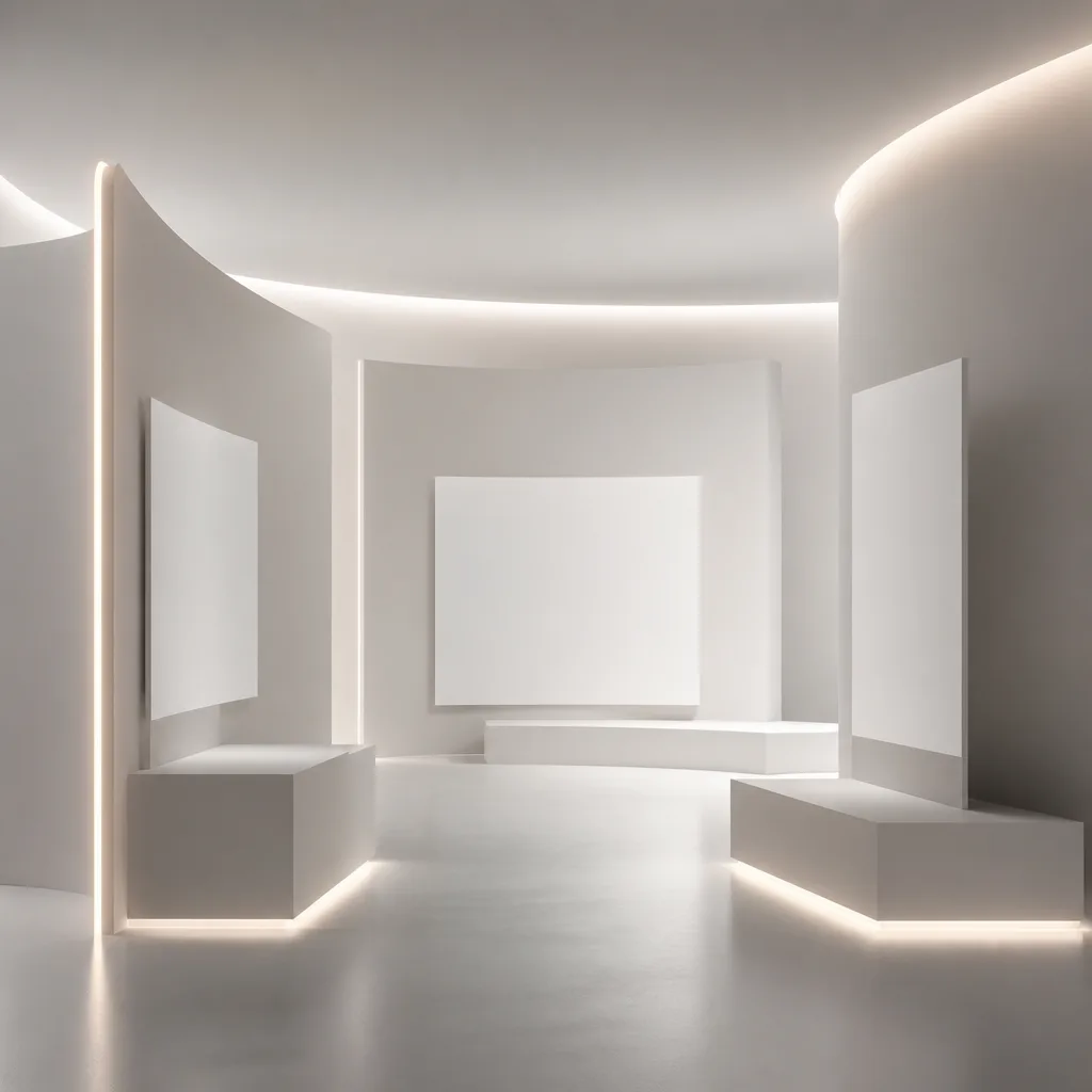 Minimalist illustration of a clean white gallery cube with a single abstract geometric shape in soft grey-blue.