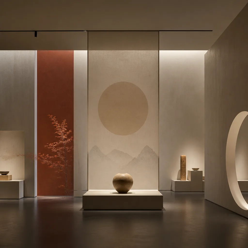 Minimalist interpretation of a traditional Asian architectural element, a single, clean wooden beam in a modern space.