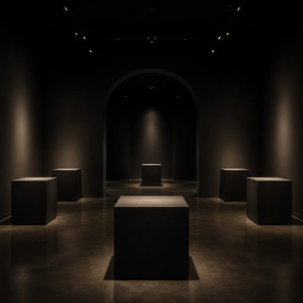 Minimalist dark gallery interior with mint-teal accent lighting