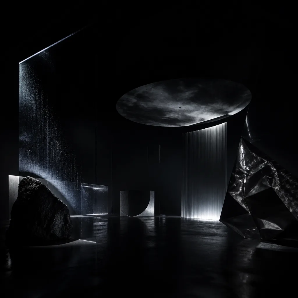 Abstract dark sculptural form with one bright accent line, lab-meets-void