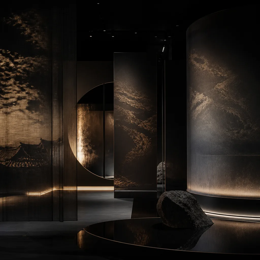 Dark moody still life of east-asian inkstone reimagined as monolith, mint accent