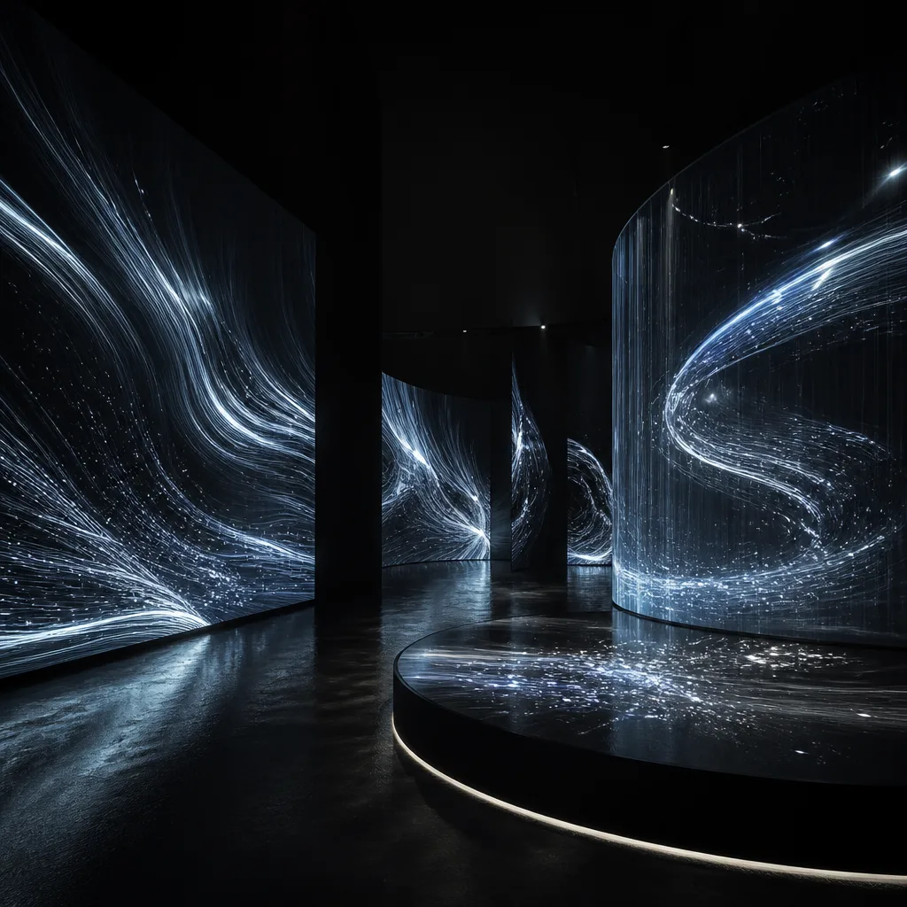 Long-exposure light trails in pure black space, ribbons of mint and white