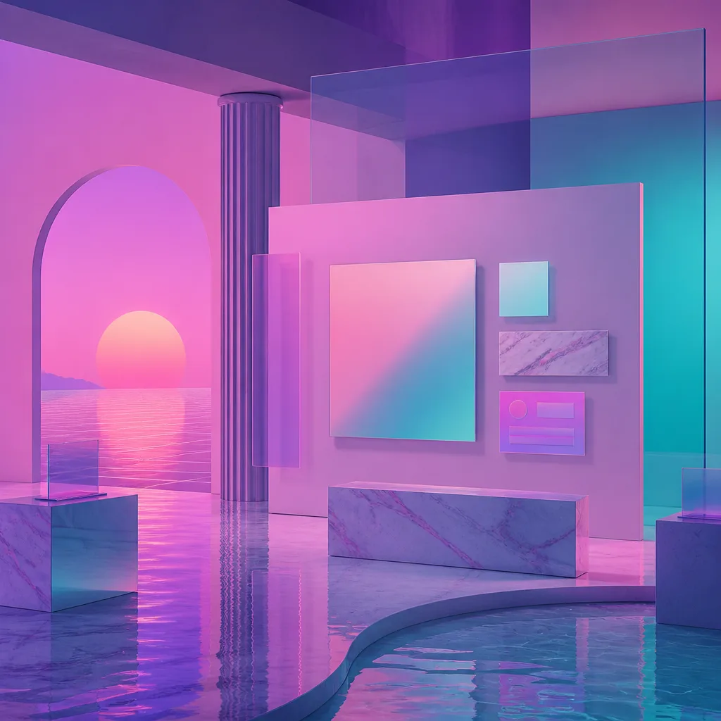 Chrome geometric shapes floating over pink-cyan sunset grid