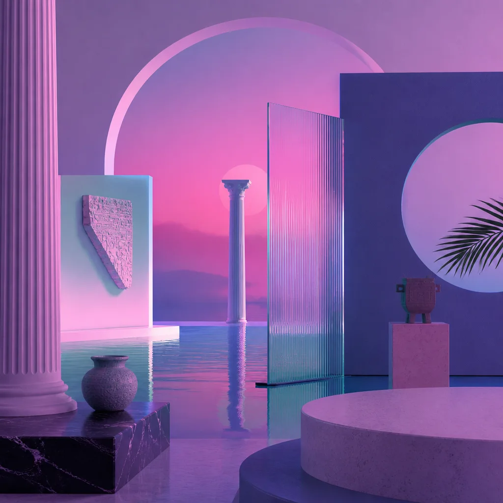 Asian-tropical fusion: lotus, palm, chrome torii gate in pastel sunset