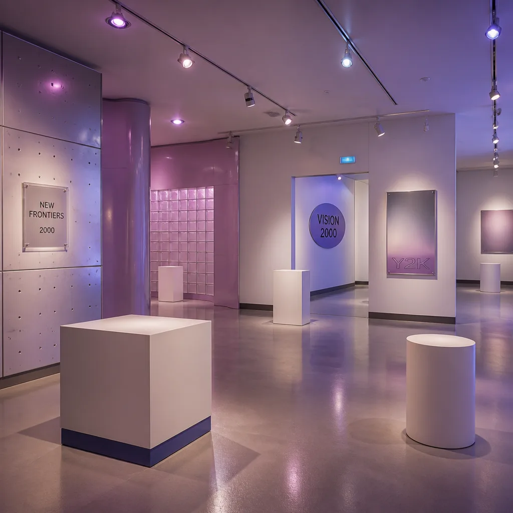 Y2K 風格科技展覽內部，有透明展示台和冰藍色天花板