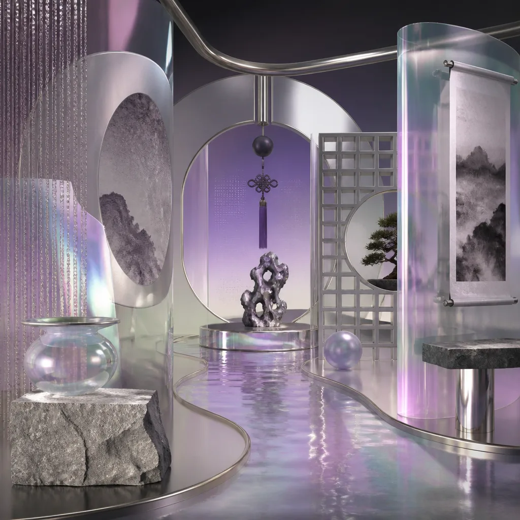 chrome lotus-shaped form with iridescent surface
