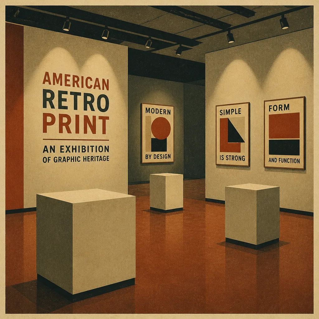 Interior view of the exhibition hall in American Retro Print style