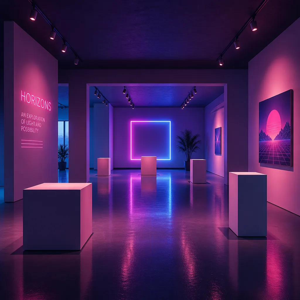 Interior of a retro-futuristic art gallery with neon lights and geometric shapes.