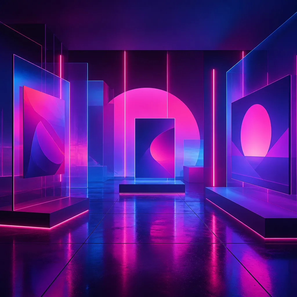 Clean retro-futuristic gallery with soft neon blue and purple lights, holographic displays.