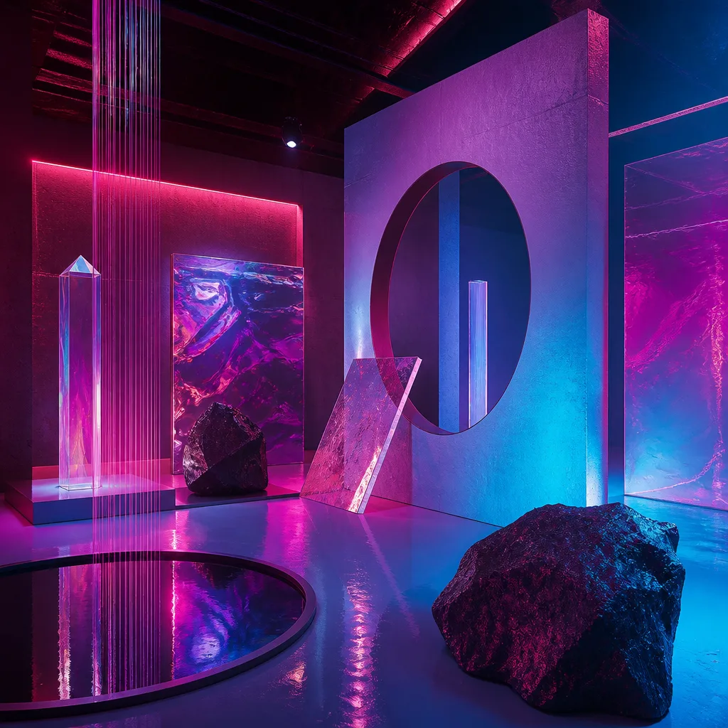 Dark lab with glowing circuit boards, laser beams, neon yellow accents, 80s sci-fi aesthetic.