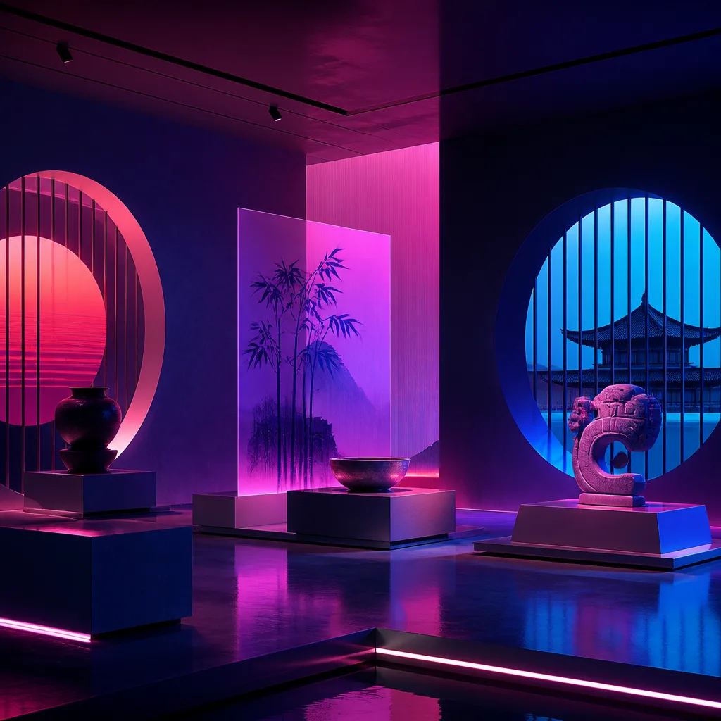 Stylized blend of 80s Japanese city lights and traditional elements against a synthwave sunset.