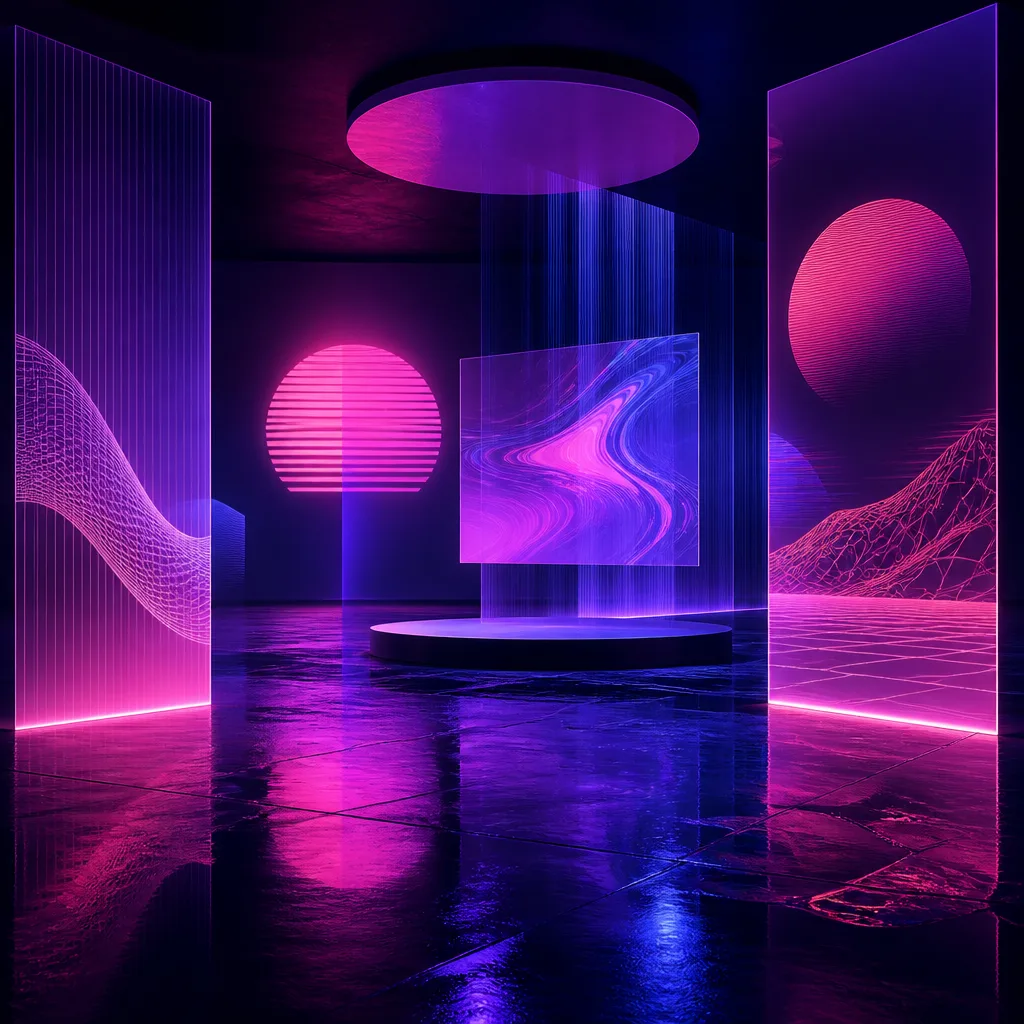 Abstract kinetic sculpture with glowing lines, motion blur trails, surrounded by shimmering synthwave patterns.