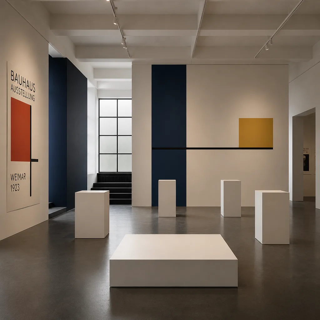 Simplified Bauhaus-style architectural floor plan of the exhibition venue with primary color accents for zones.