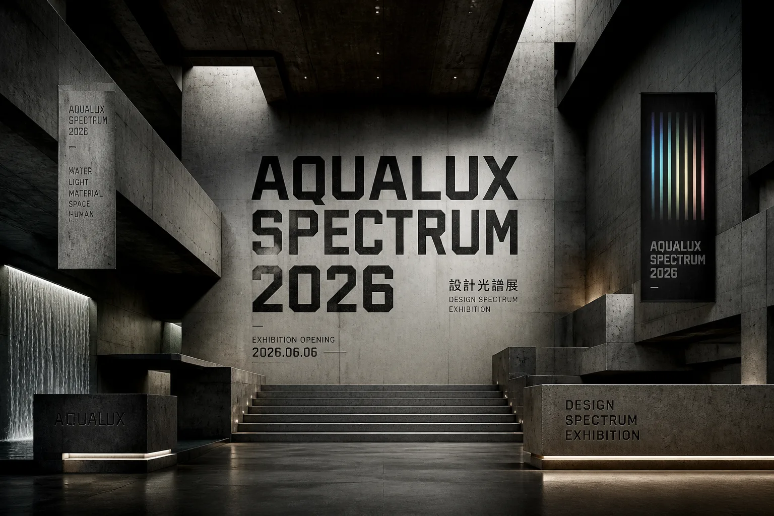 A stark brutalist architectural landscape at dusk with 'AQUALUX SPECTRUM 2026' projected on a concrete wall.