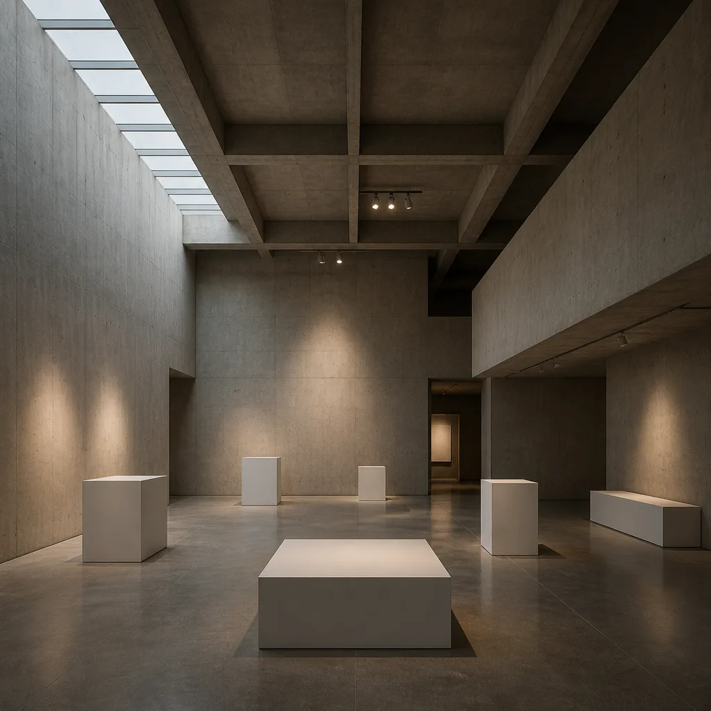 Monolithic brutalist gallery interior with exposed concrete walls and heavy steel beams.