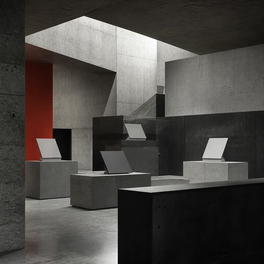 Raw concrete gallery with a single harsh spotlight, sense of emptiness.