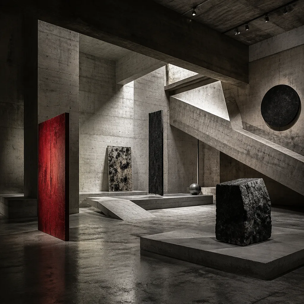 Industrial concrete lab with exposed pipes and flashing red emergency lights.