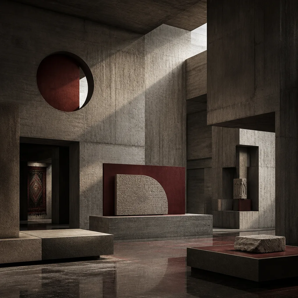 Brutalist building with integrated traditional Chinese elements, stark contrast.