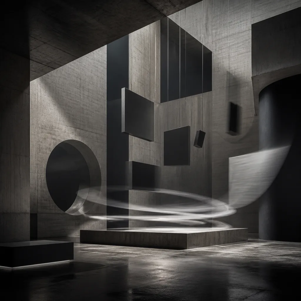 Vast concrete hall with large screens displaying abstract, glitching motion graphics.
