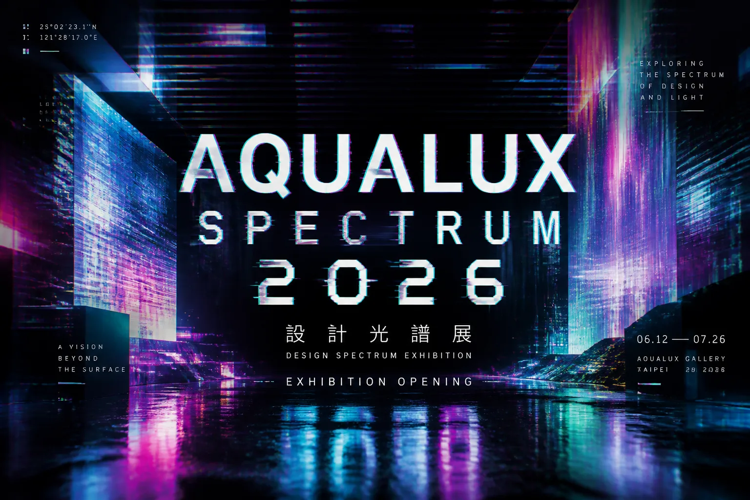 A digital landscape heavily distorted by data corruption and signal interference with RGB color splitting and pixelation, text AQUALUX SPECTRUM 2026 glitched.