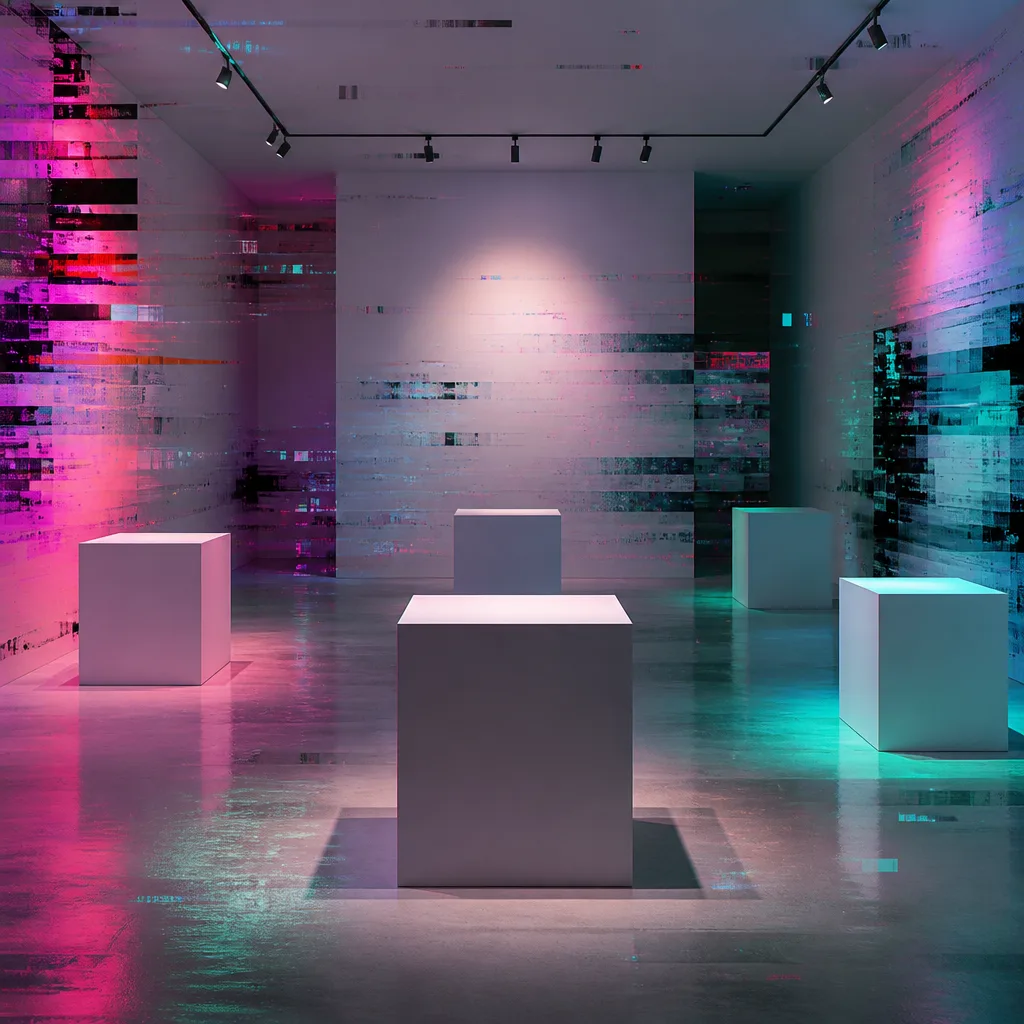 An abstract gallery interior, rendered with pixel art and heavy digital noise.