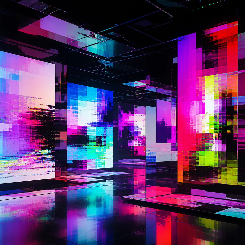 Clean futuristic gallery, but with subtle, underlying data corruption for Mainstream Frequency zone.