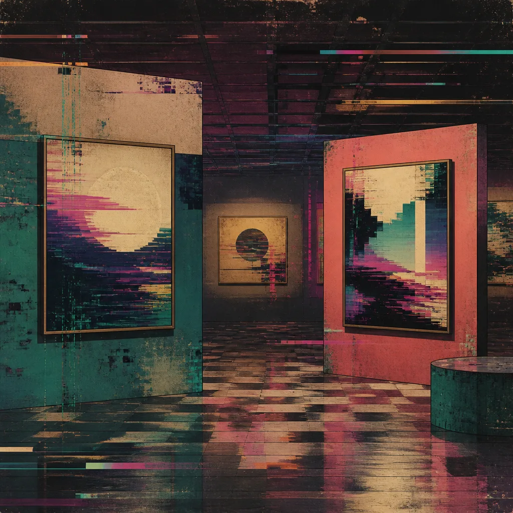 Retro CRT monitor displaying heavily glitched abstract patterns, Y2K aesthetic with digital decay for Retro Echo zone.