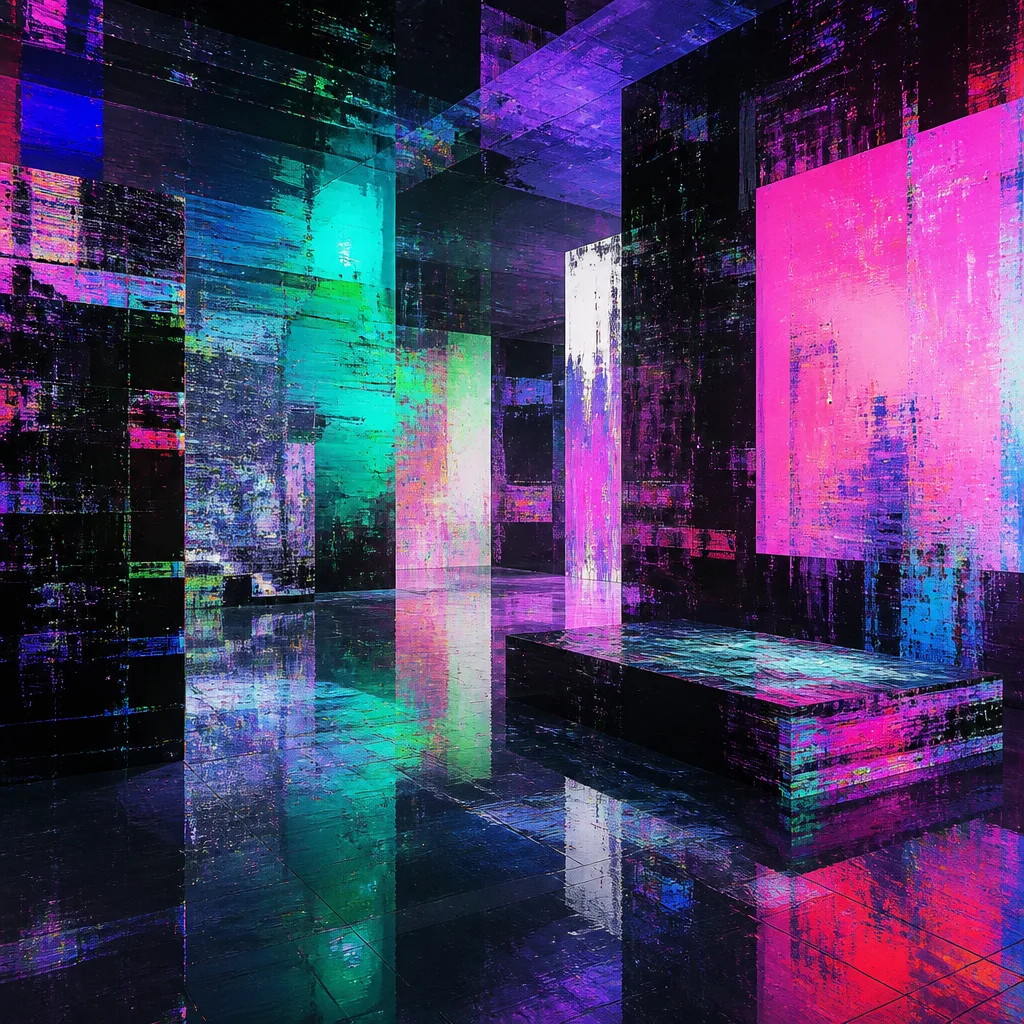 Dark, chaotic digital lab, with wires and circuitry rendered with pixel art, sudden RGB shifts and static noise for Avant Lab zone.