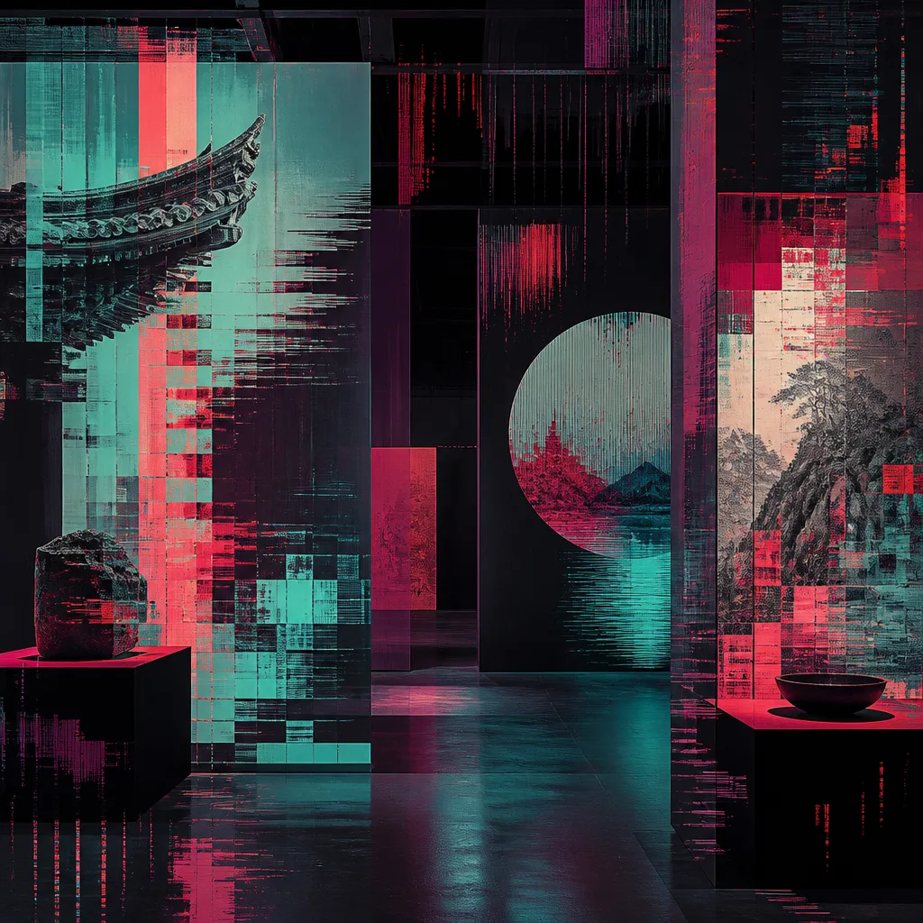 Traditional Asian motifs distorted by digital glitches, pixelated and color-shifted for Cultural Spectrum zone.