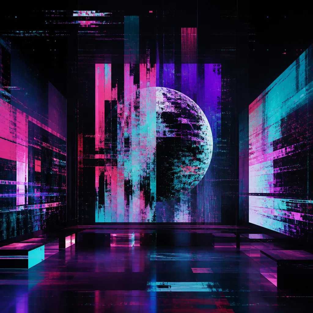 Abstract motion blur trails and kinetic art, but rendered with severe data corruption, blocky artifacts, and color separation for Motion Hall zone.