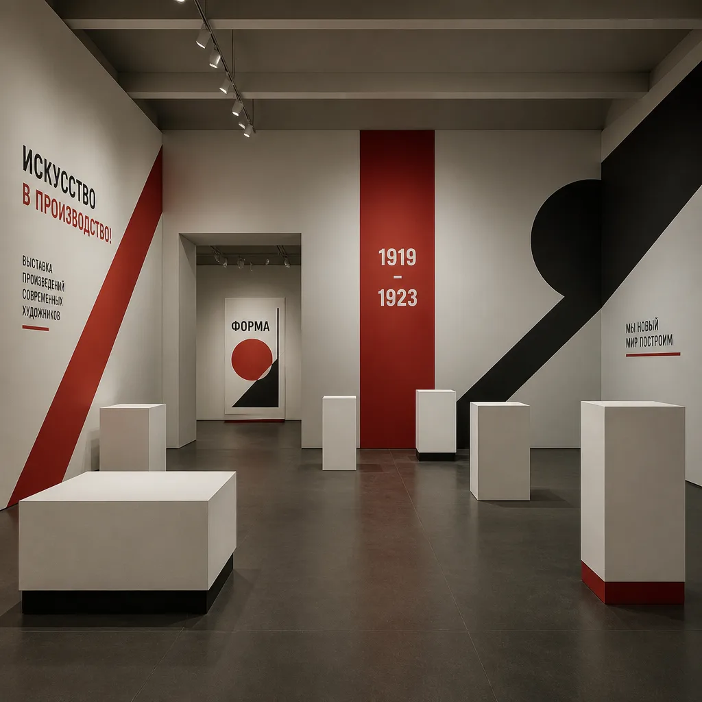 Constructivist style interior of an exhibition hall with bold geometric forms, red and black walls, and yellow accents.