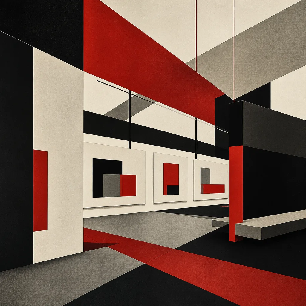 Constructivist abstract art for Mainstream Frequency: clean geometric forms, red, white, black, yellow, abstract frequency waves.
