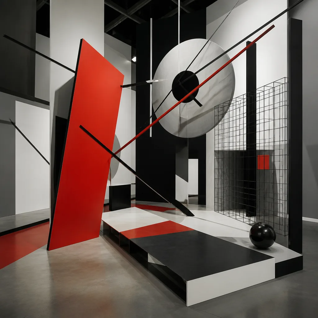 Constructivist abstract art for Avant Lab: industrial Constructivist lab, gears, sharp angles, bold red and black contrasts.