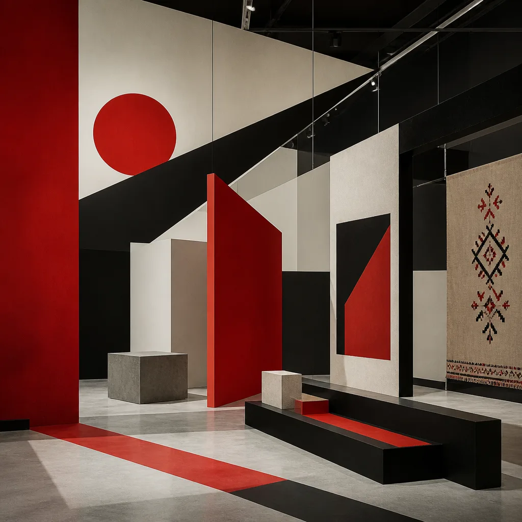 Constructivist abstract art for Cultural Spectrum: geometric interpretation of cultural elements, stylized red star/hammer and sickle motif.
