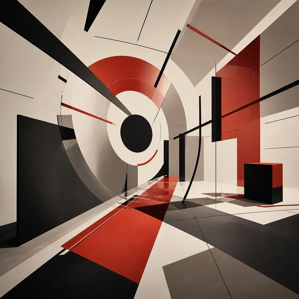 Constructivist abstract art for Motion Hall: dynamic, intersecting geometric planes implying movement and kinetic energy.
