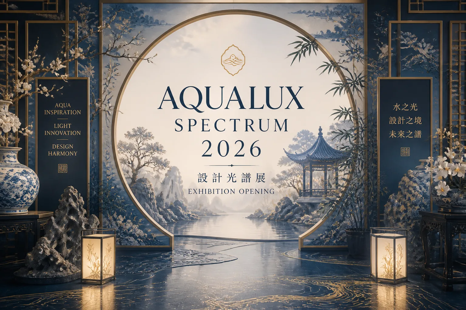 A majestic traditional Chinese landscape painting, in Guochao style. Rolling mountains, mist, ancient pavilions, and flowing rivers. Subtle ink wash background with vibrant vermilion and jade green accents. A large, elegant Song-style typography 'AQUALUX 設計光譜展 2026' appears in the foreground, with smaller calligraphic '水光設計' beneath. No people. High contrast between ink and color.