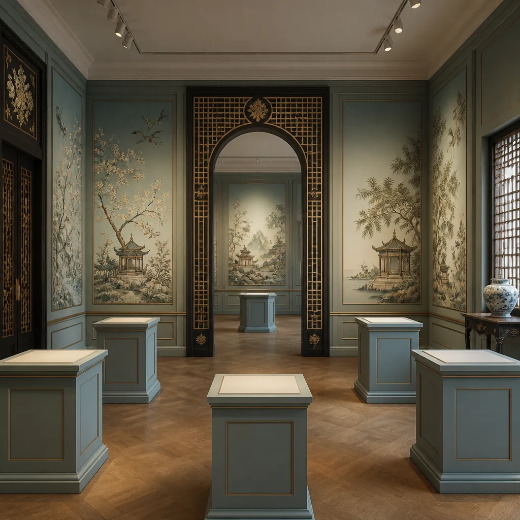 Serene interior of a modern Chinese garden-style exhibition hall, featuring intricate wooden latticework, moon gates, and soft, warm lighting. Traditional ink wash paintings on the walls, alongside contemporary art installations. Vermilion columns and jade green accents. Wide angle. No people.