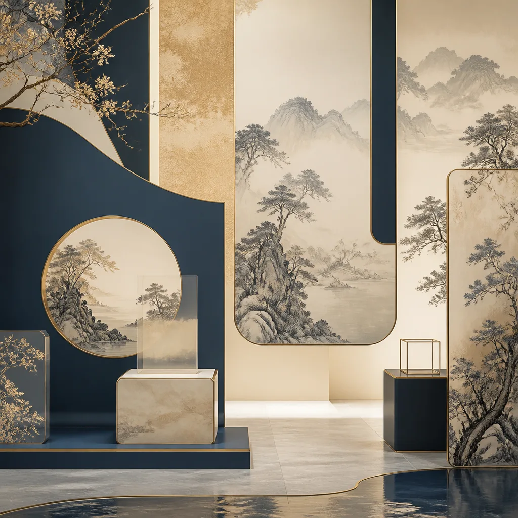 Clean gallery space with subtle bamboo patterns and soft jade lighting, representing Mainstream Frequency.