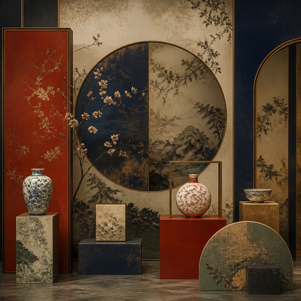 Vintage Chinese propaganda art style, faded vermilion and gold, retro elements, representing Retro Echo.
