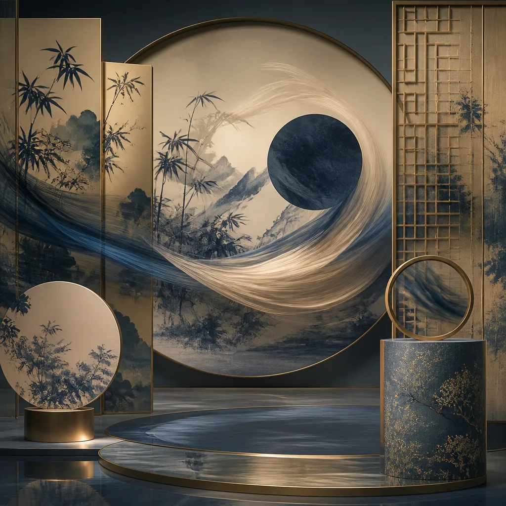 Flowing silk ribbons, dynamic calligraphy strokes, light projection on traditional screens, motion blur, representing Motion Hall.