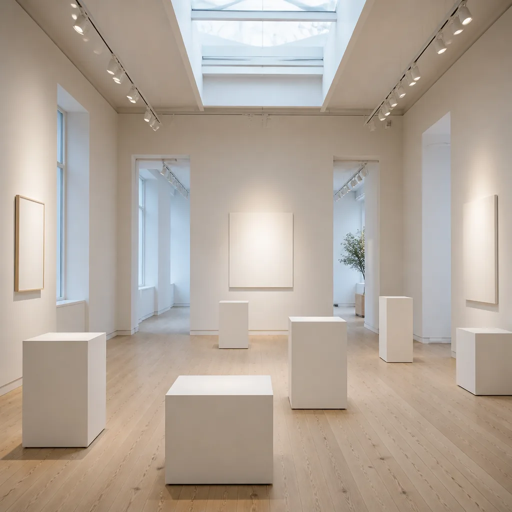 A modern, spacious art gallery interior in Scandinavian style with natural light.