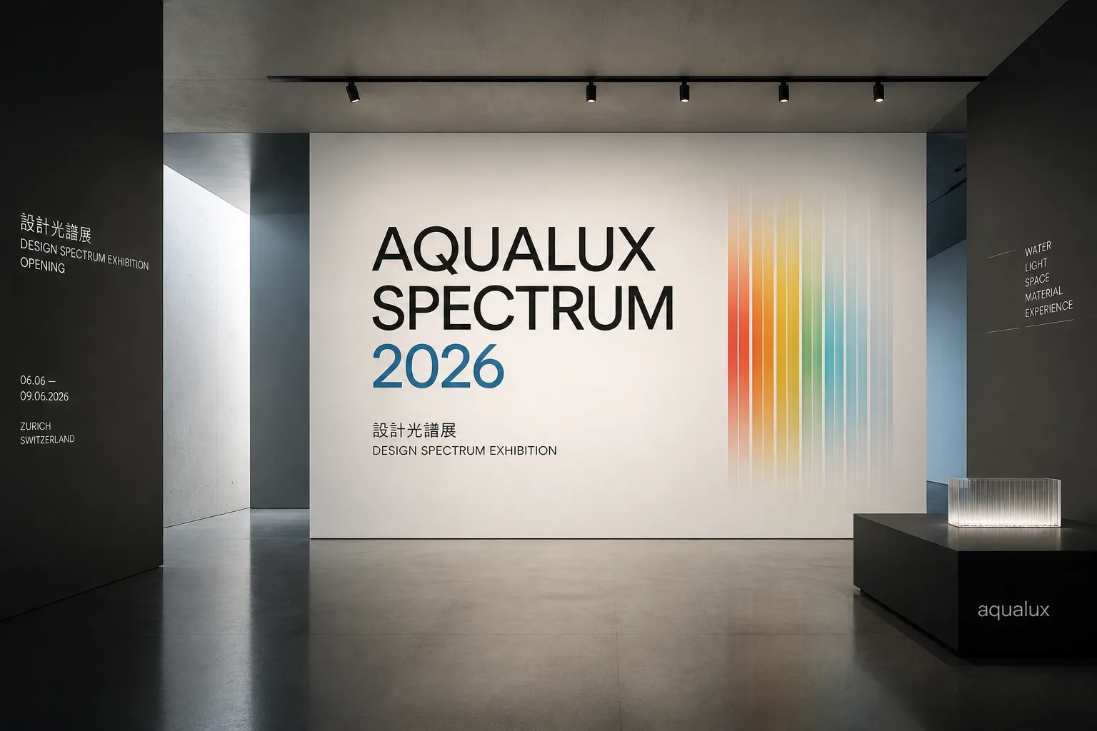 A minimalist exhibition space in Swiss International style with 'AQUALUX SPECTRUM 2026' in bold Helvetica Neue.