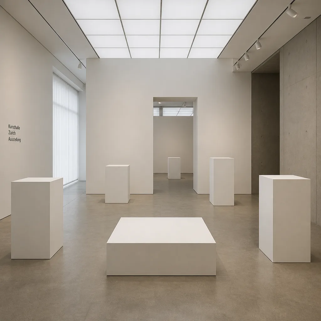 A modern art gallery interior, minimalist architecture with white walls and natural light.