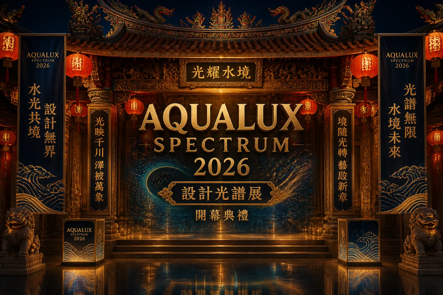 aqualux 2026 設計光譜展的台灣廟會主題牌樓，紅燈籠與金龍圖騰，夜間熱鬧非凡。