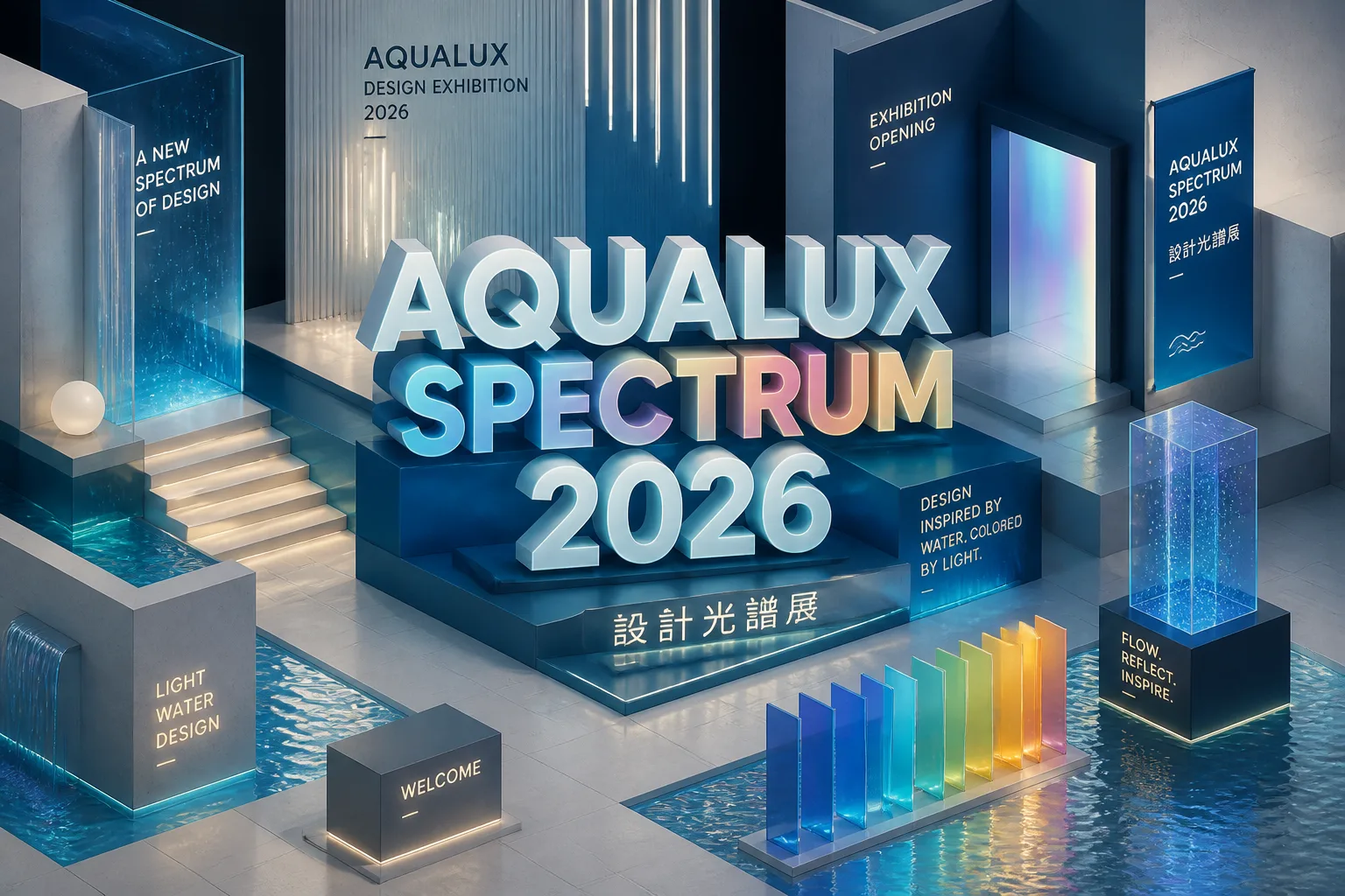 A vibrant isometric 3D floating island scene with 'AQUALUX SPECTRUM 2026' text.