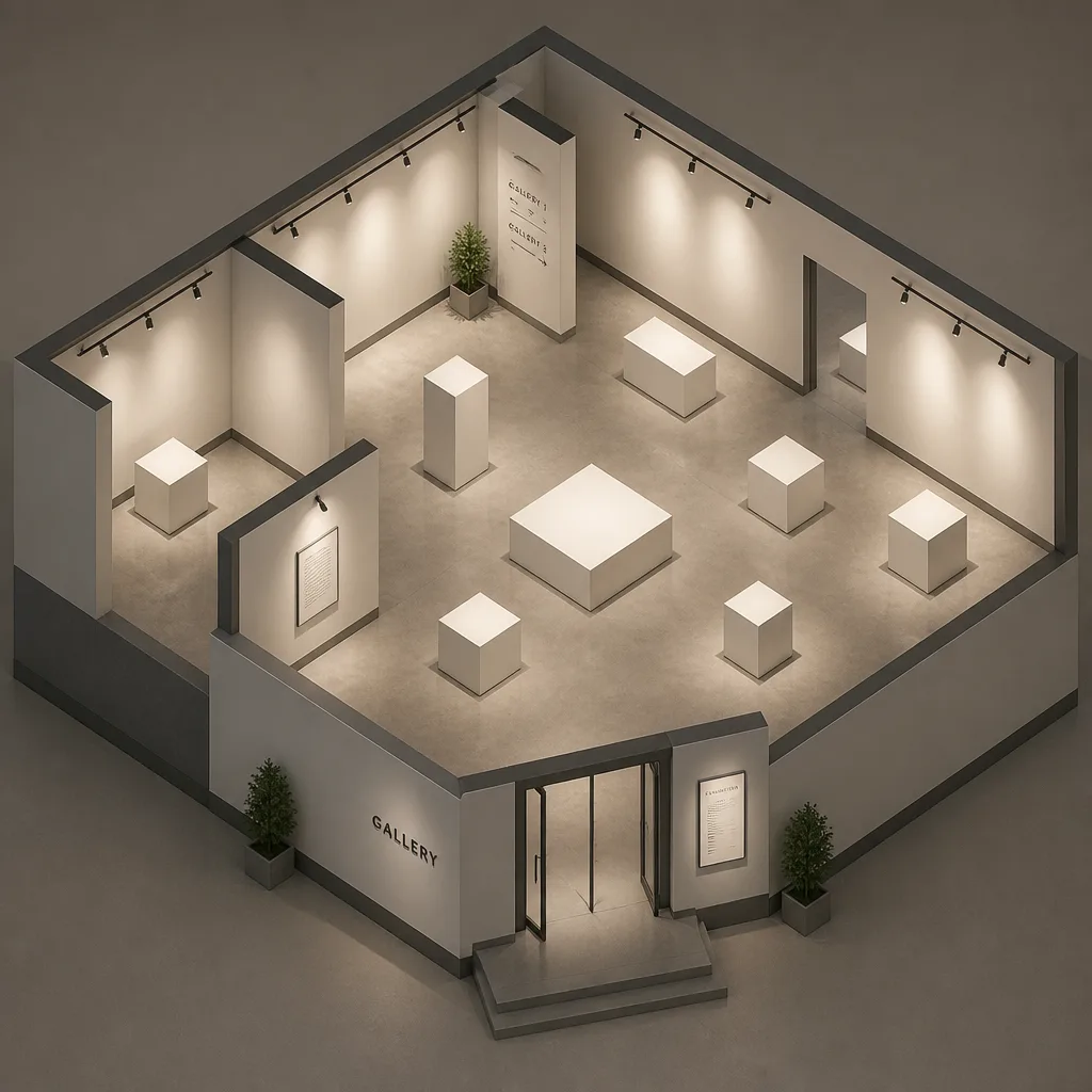 Isometric 3D rendering of a modern exhibition hall with transparent glass walls.